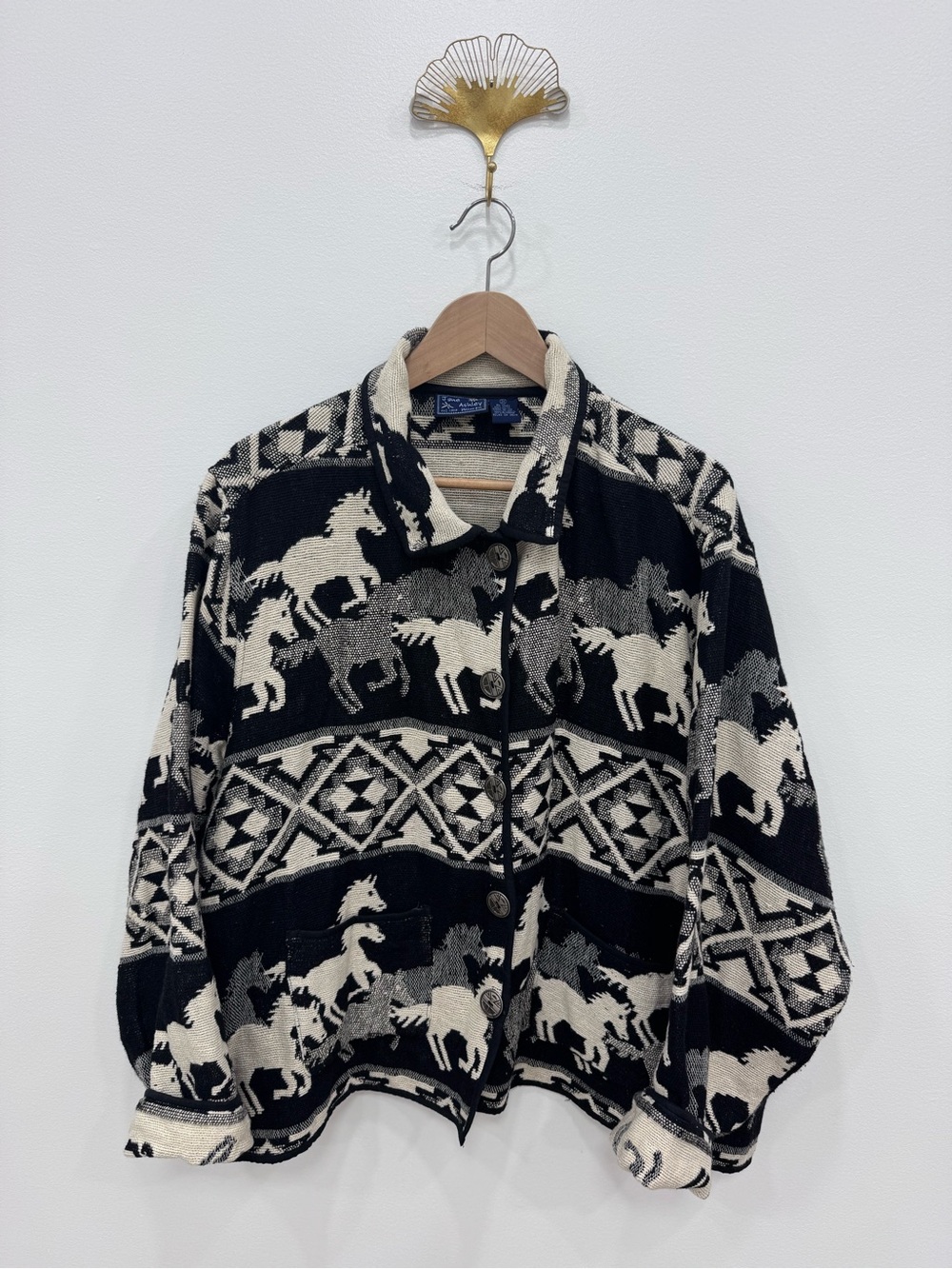Jane Ashley Tapestry Southwestern Horse Coat Knit Jacket Women's plus 3X black